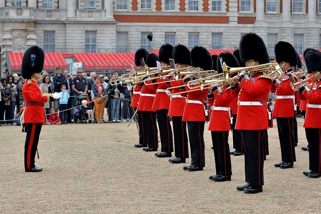 Household Division Bandsmen playing at the press launch for Beating Retreat